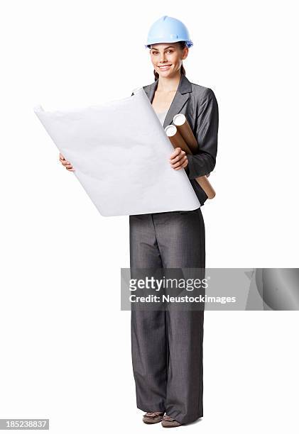 businesswoman looking over plans - isolated - architect object stock pictures, royalty-free photos & images