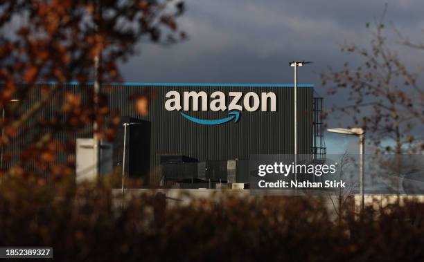 General view outside an Amazon UK Services Ltd Warehouse at Leeds Distribution Park on December 13, 2023 in Leeds, United Kingdom.