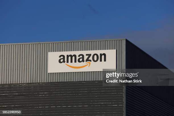 General view outside an Amazon UK Services Ltd Warehouse at Leeds Distribution Park on December 13, 2023 in Leeds, United Kingdom.