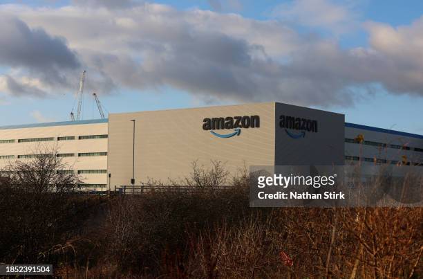General view outside an Amazon UK Services Ltd Warehouse at Leeds Distribution Park on December 13, 2023 in Leeds, United Kingdom.