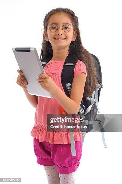 school girl with tablet pc - reading glasses isolated stock pictures, royalty-free photos & images