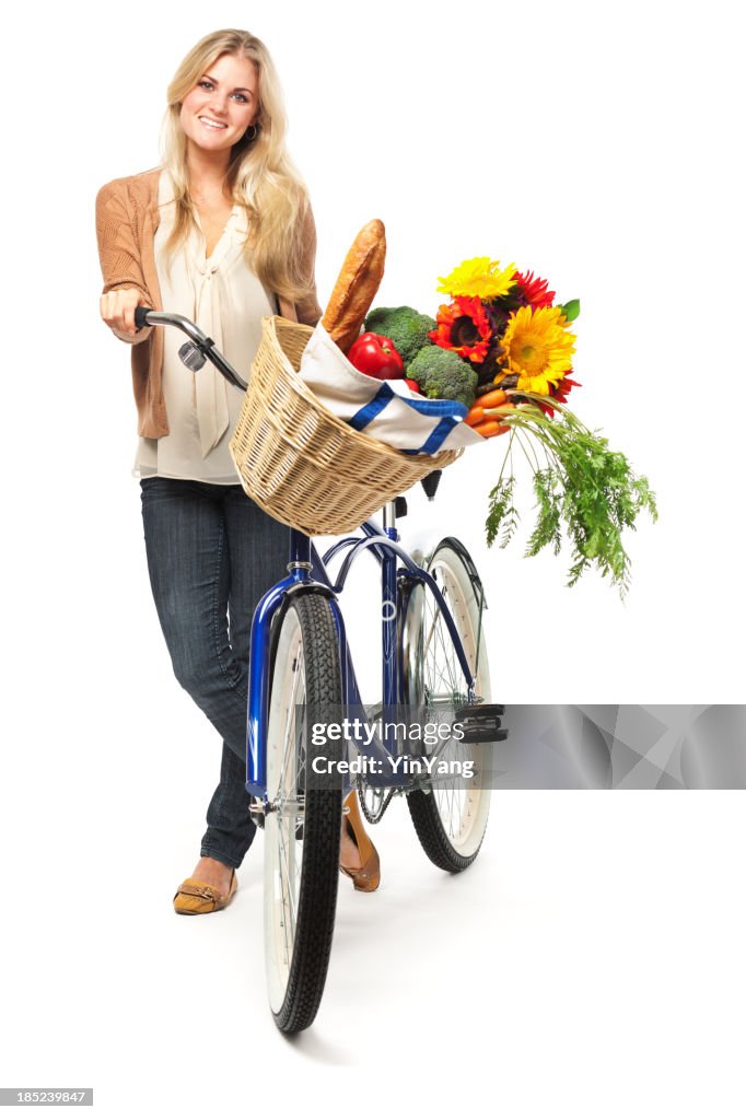Healthy Woman Bicycling for Grocery Shopping on White Background Vt