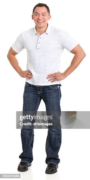 laughing asian man with hands on hips - hand on hip stock pictures, royalty-free photos & images