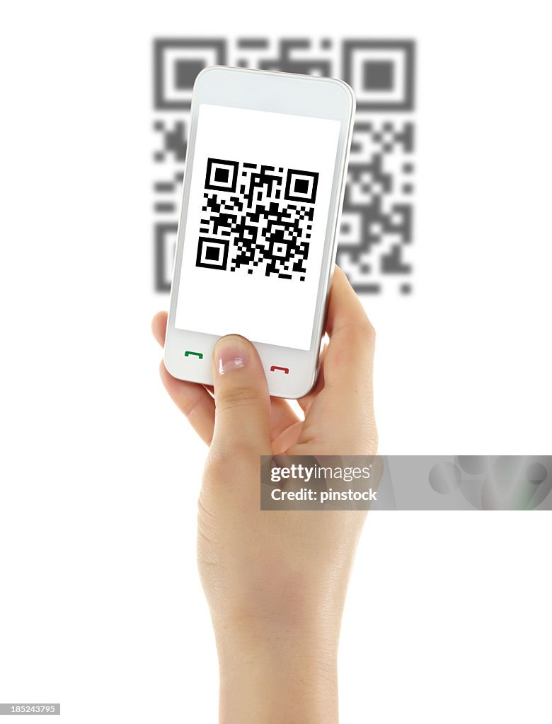 Isolated picture of a mobile phone scanning a QR code