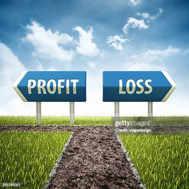 profit and loss crossroad - diverging intersection stock pictures, royalty-free photos & images