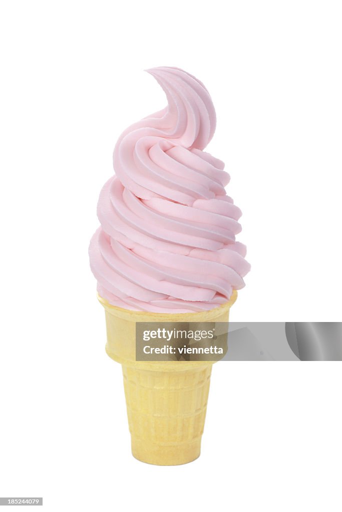 Strawberry frozen yogurt on wafer cone