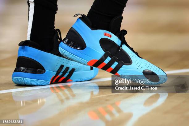 Detail of the shoes worn by Kyle Lowry of the Miami Heat during the first quarter of their game against the Charlotte Hornets at Spectrum Center on...