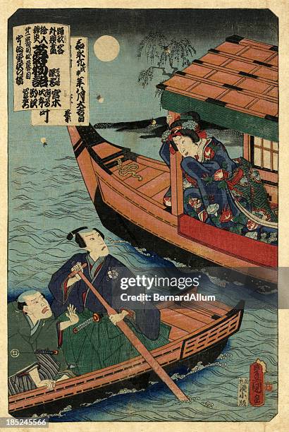 illustrations, cliparts, dessins animés et icônes de traditionnel japonais imprimé à la planche de bois d'amour et de la lune - estampe japonaise