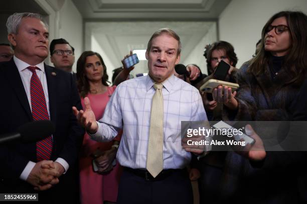House Oversight and Accountability Committee Chairman James Comer and House Judiciary Committee Chairman Jim Jordan talk to reporters in the Rayburn...
