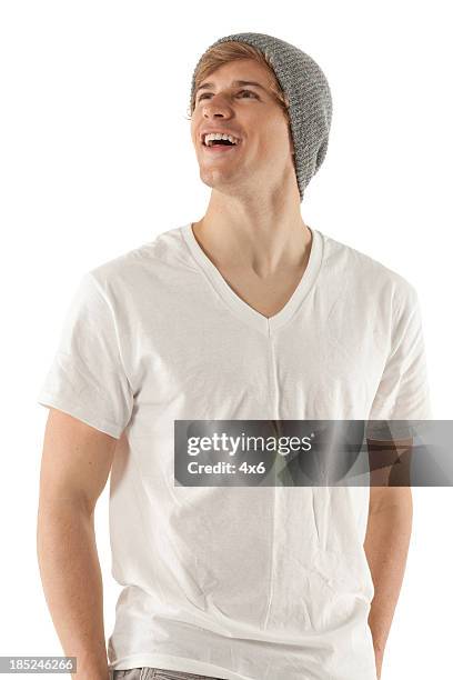 happy man looking up - v neck stock pictures, royalty-free photos & images