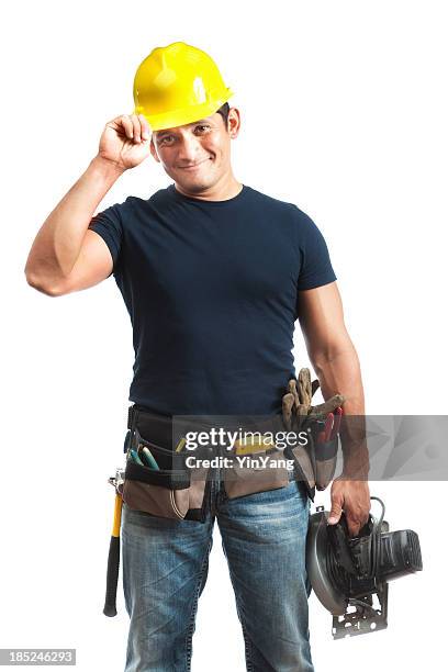 glücklich gruß hispanic mann für bau arbeiter auf weißem hintergrund - builder standing isolated stock-fotos und bilder