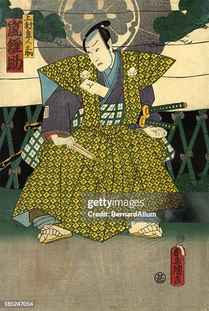 ilustrações, clipart, desenhos animados e ícones de xiolográfica em japonês tradicional estampa levantada de ator - samurai