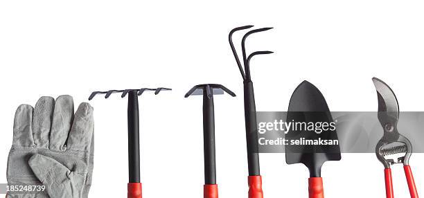 gardening equipments on white background - garden hoe stock pictures, royalty-free photos & images