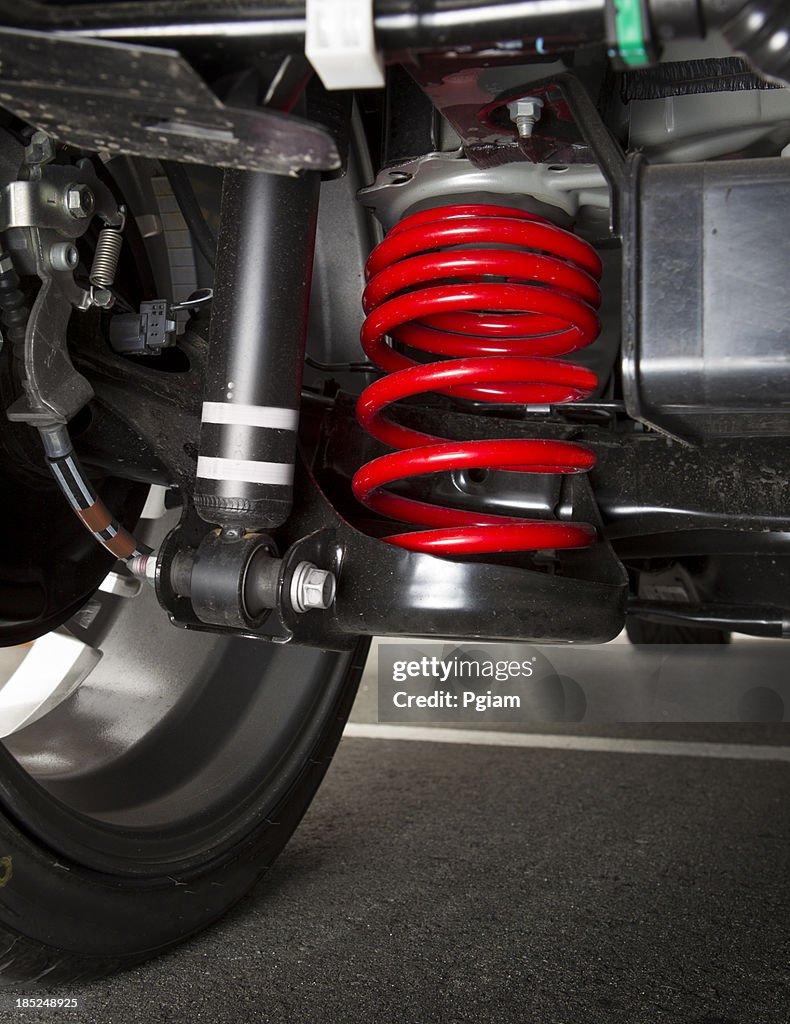 Shock spring under a car tire