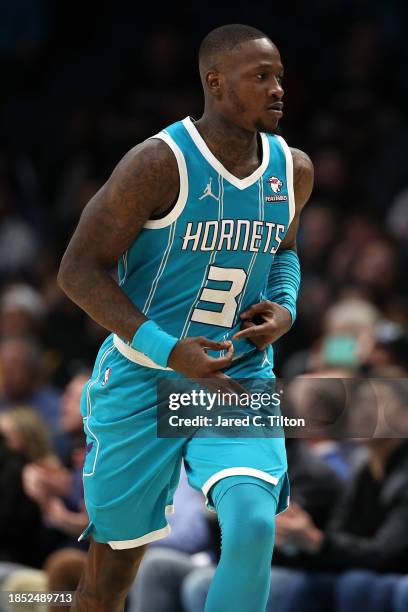 Terry Rozier of the Charlotte Hornets reacts following a three point basket during the second half of their game against the Miami Heat at Spectrum...