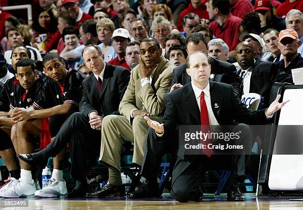 Head Coach Herb Sendek of the North Carolina State Wolfpack questions an official during their championship game with the Duke Blue Devils in the ACC...