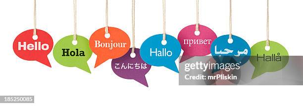 hello in eight different languages - non western script stock pictures, royalty-free photos & images