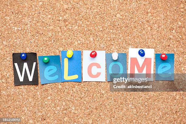 welcome letters on corkboard - welcome sign greeting text stock pictures, royalty-free photos & images