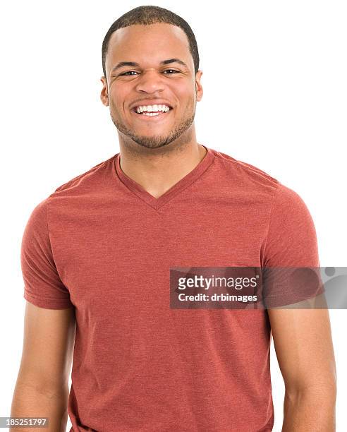 lachen, junge männliche porträt - african male red shirt stock-fotos und bilder