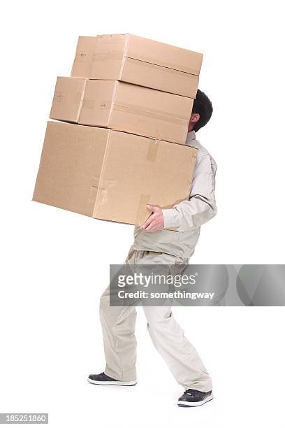 deliveryman with packages - delivery person on white stock pictures, royalty-free photos & images