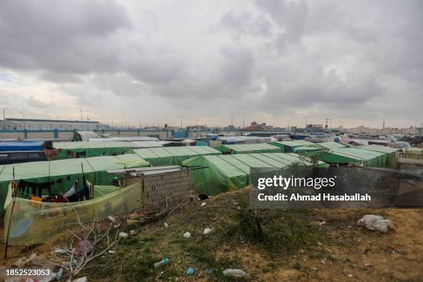 Displaced Palestinia pictured by makeshift tent on December 13, 2023 in Al-Mawasi, Rafah, Gaza. A so-called safe zone where Palestinians have been...
