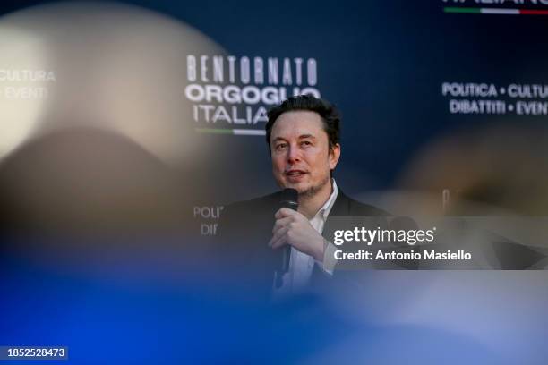 Elon Musk, chief executive officer of Tesla Inc and X Ceo speaks at the Atreju political convention organized by Fratelli d'Italia , on December 15,...