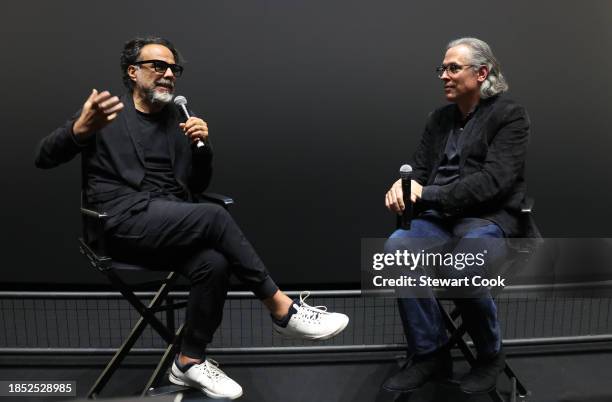 Rodrigo Prieto and Alejandro González Iñárritu seen at Apple Original Films “Killers of the Flower Moon” FYC screening and Q+Aat IMAX Headquarters on...