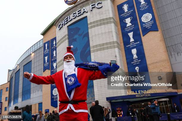 Chelsea fan dressed as Santa Claus ahead of the Premier League match between Chelsea FC and Sheffield United at Stamford Bridge on December 16, 2023...