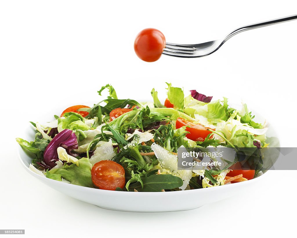 Plate of Salad with fork and tomato