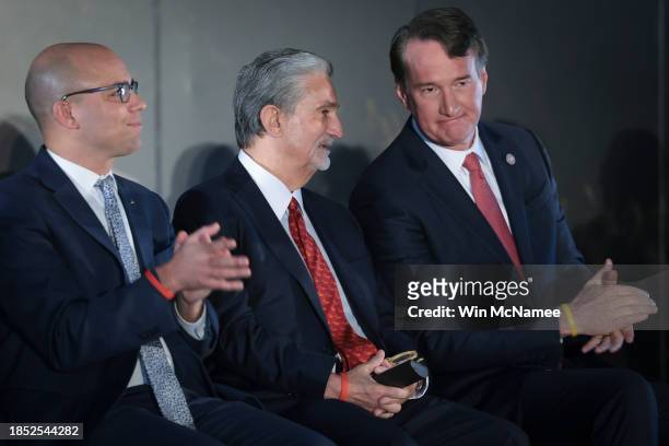 Monumental Sports & Entertainment CEO Ted Leonsis , confers with Virginia Gov. Glenn Youngkin during the announcement of a new sports arena for the...