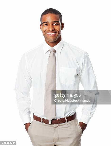 handsome african american businessman with hands in pockets - isolated - shirt and tie stock pictures, royalty-free photos & images