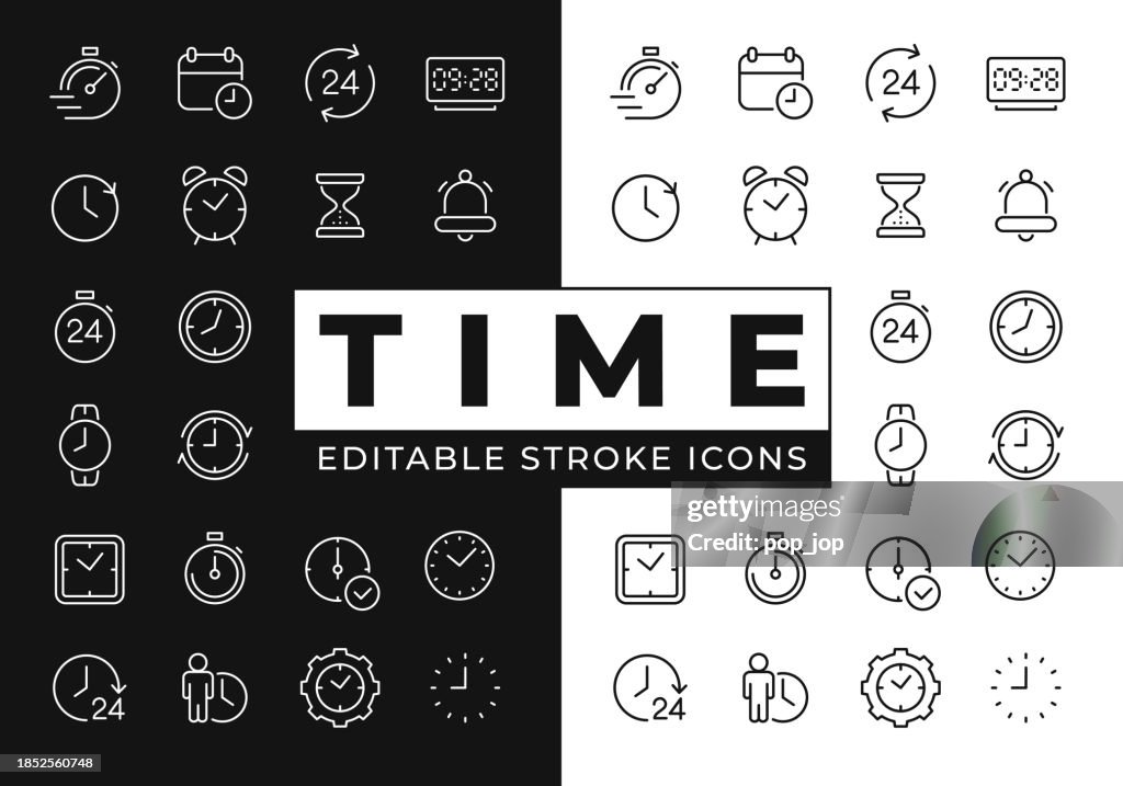 Zeit und Uhr - Liniensymbole. Bearbeitbarer Strich. auf schwarz-weißem Hintergrund. Vektor Stock Illustration.