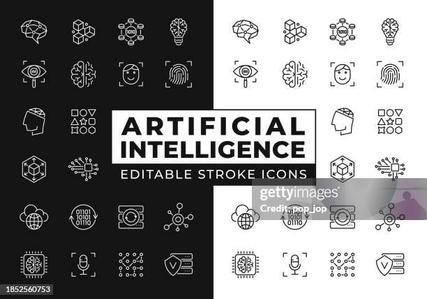 artificial intelligence - line icons. editable stroke. on black and white background. vector stock illustration - complicated machine stock illustrations