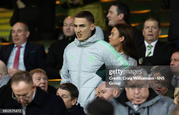 Celtic's Gustaf Lagerbielke watches on during a cinch Premiership match between Celtic and Heart of Midlothian at Celtic Park, on December 16 in...