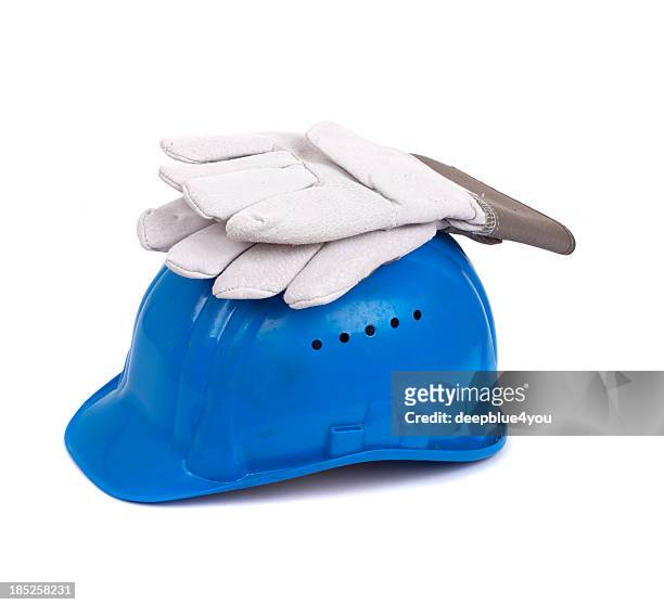 blue hard hat and leather gloves isolated - safety equipment stock pictures, royalty-free photos & images