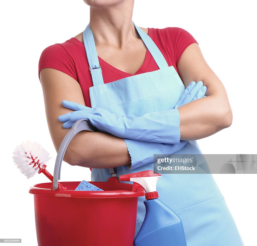 Maid holding cleaning bucket Isolated on White Background