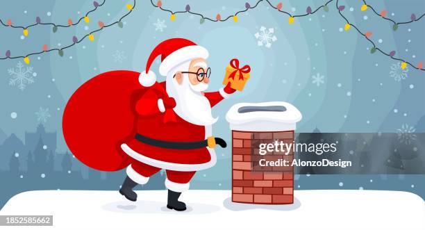 santa's rooftop adventure: spreading joy down chimneys - chimney stock illustrations