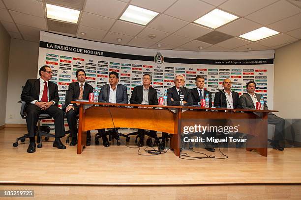 Justino Compean president of mexican soccer federation talks during a press conference where announced Miguel Herrera as the new Coach Mexico...