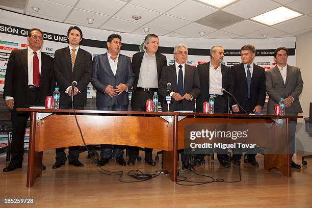 Justino Compean president of mexican soccer federation attends a press conference with presidents of mexican soccer teams where announced Miguel...
