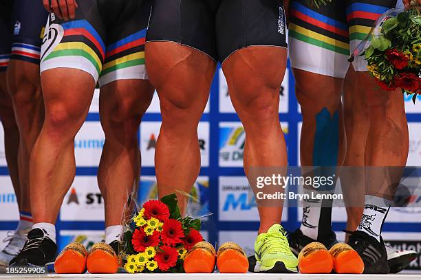 René Enders, Robert Forstemann and Maximilian Levy of Germany stand on the podium after winning the Men's Team Sprint during day one of the 2013...