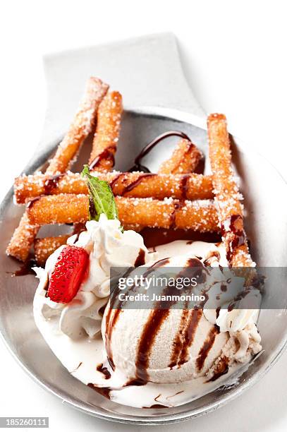 bowl of coffee ice cream with delicious churros - mocha ice cream stock pictures, royalty-free photos & images