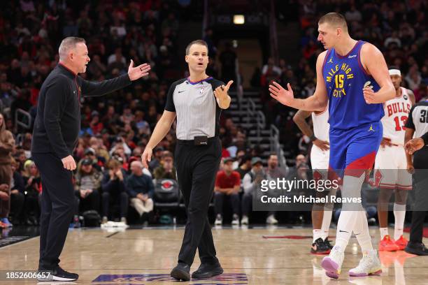 Nikola Jokic of the Denver Nuggets reacts after he was ejected from the game by referee Mousa Dagher against the Chicago Bulls during the first half...