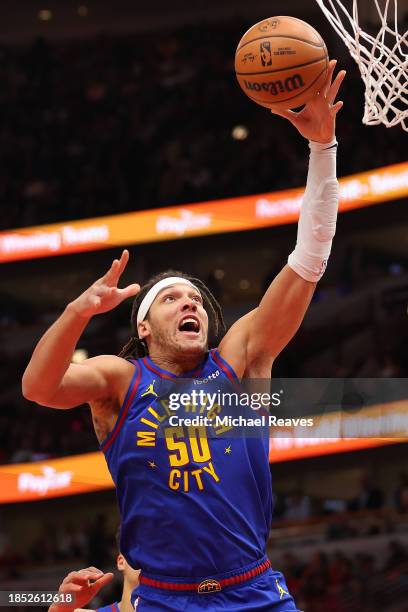 Aaron Gordon of the Denver Nuggets goes up for a layup against the Chicago Bulls during the first half at the United Center on December 12, 2023 in...