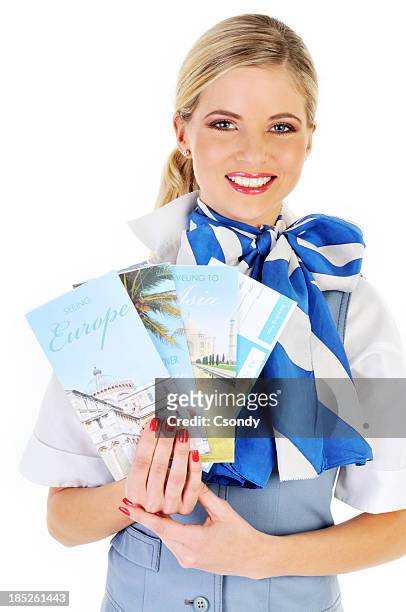 young beautiful flight attendant showing catalogs - travel agent stock pictures, royalty-free photos & images