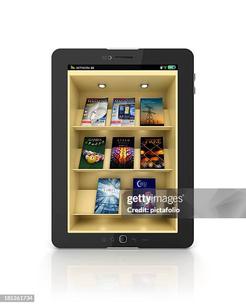 black tablet showing a book store or library app with shelf - books collection stockfoto's en -beelden