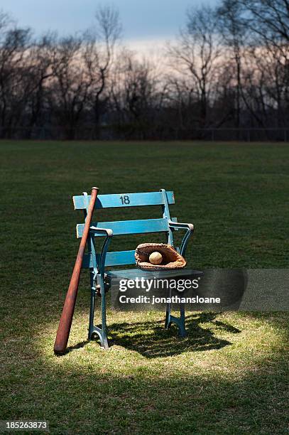 antique blue stadium seat spot lit on field at twilight - product pitch stock pictures, royalty-free photos & images