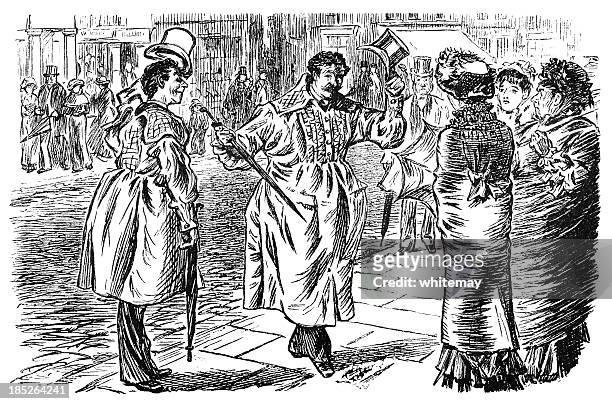 gentlemen dressed in smocks greeting bemused victorian ladies - town meeting stock illustrations