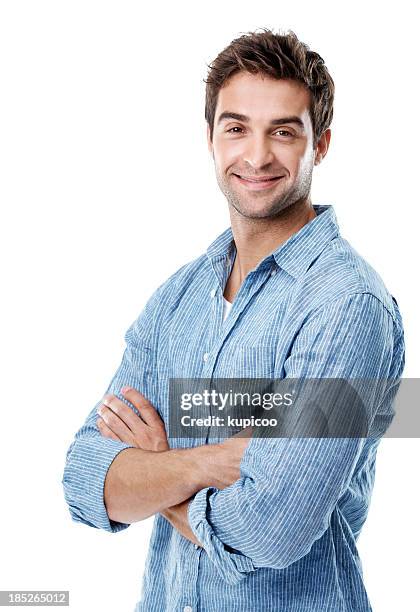 let my cheerful smile boost your text - male arms crossed stock pictures, royalty-free photos & images