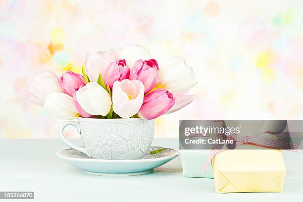 tulip bouquet mit geschenken in teacup-englische redewendung - tulips cat stock-fotos und bilder