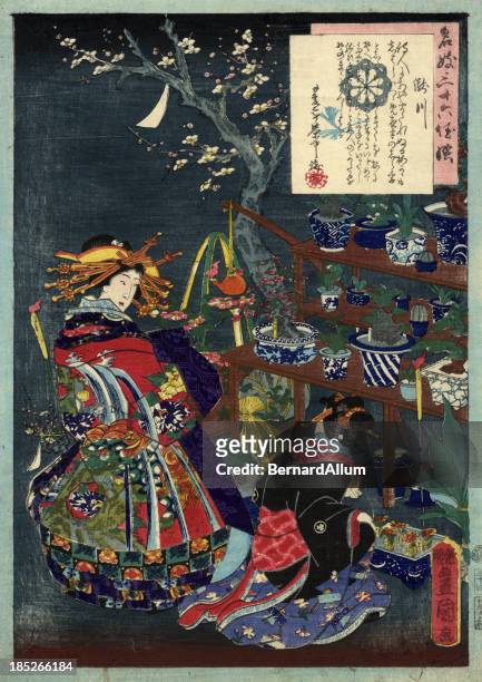 traditional japanese woodblock geisha's in a garden - japan blossom stock illustrations